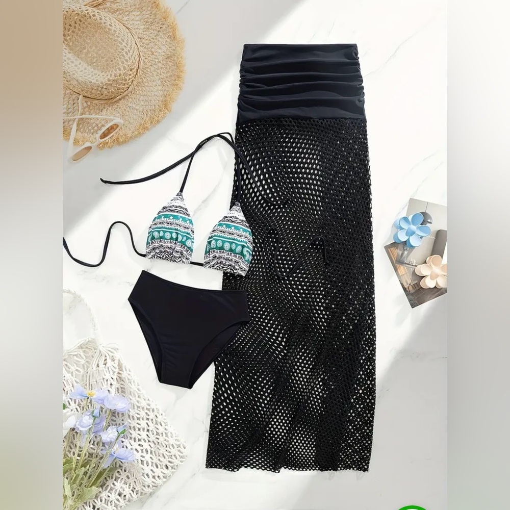NWT AD Tribal 3 Piece Triangle Halter Tie Strap Bikini & Skirt Coverup Black L
